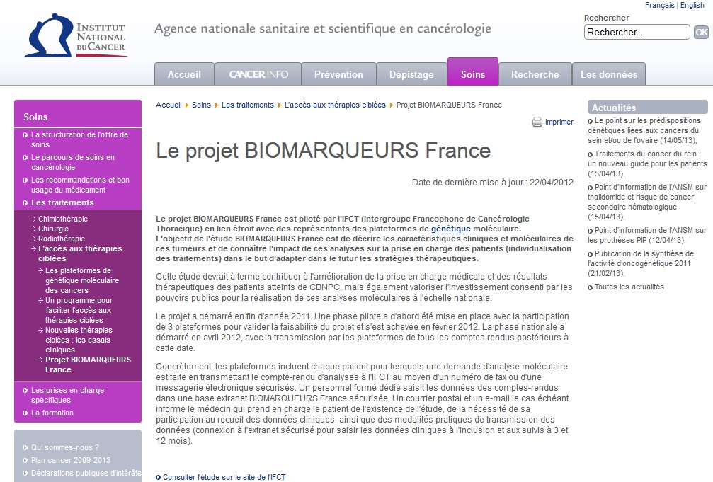 IFCT Biomarqueurs France soutenu par l'INCa